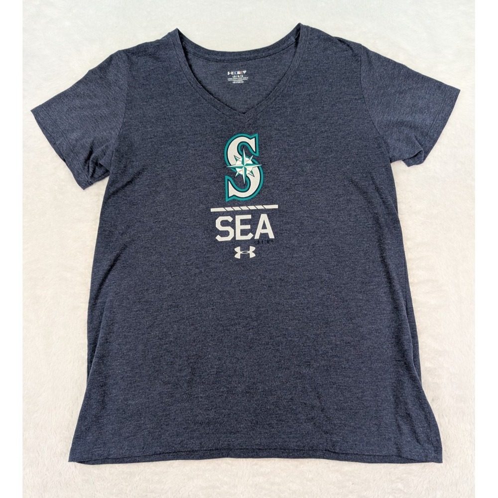 Under Armour Seattle Mariners Shirt‎ Women's L HeatGear V-Neck Blue Short Sleeve